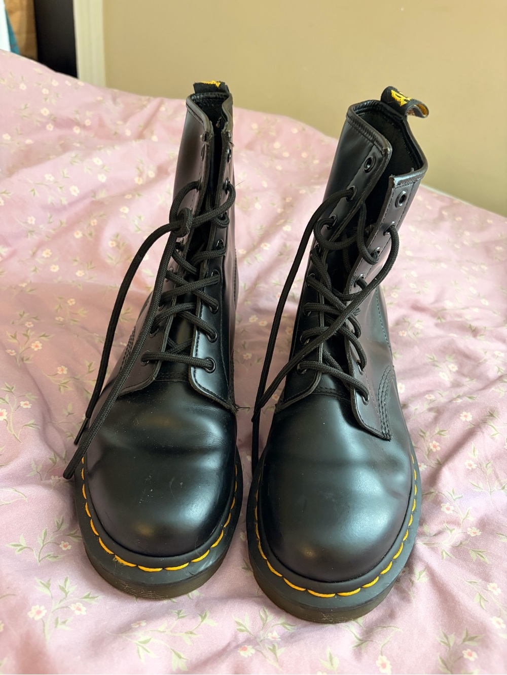 Dr. Martens Black Leather Lace-Up Boots with Yellow Stitching
